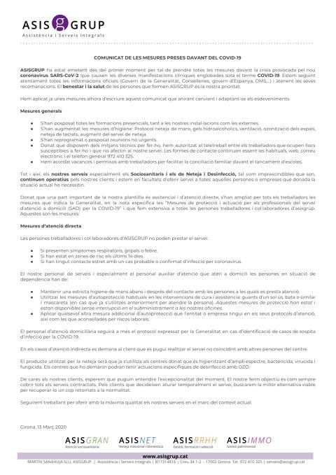 COMUNICAT DE LES MESURES PRESES DAVANT DEL COVID-19